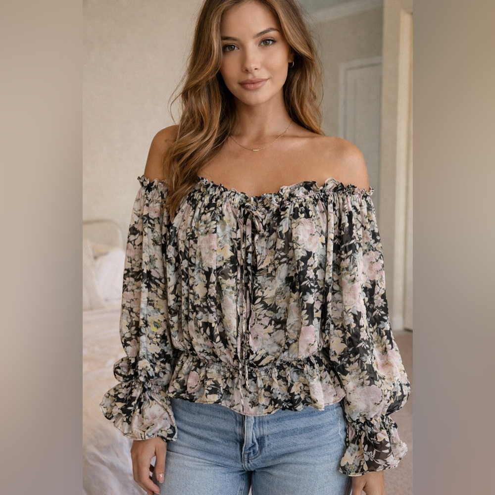🌸 Floral Off-Shoulder Blouse | Boho Romantic Top | Size M 🌸